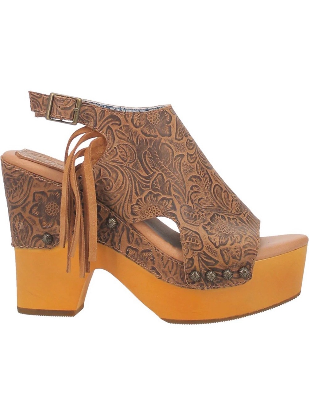 dingo Brown Floral Tooled Platform Sandal with Mustard Platform size 8